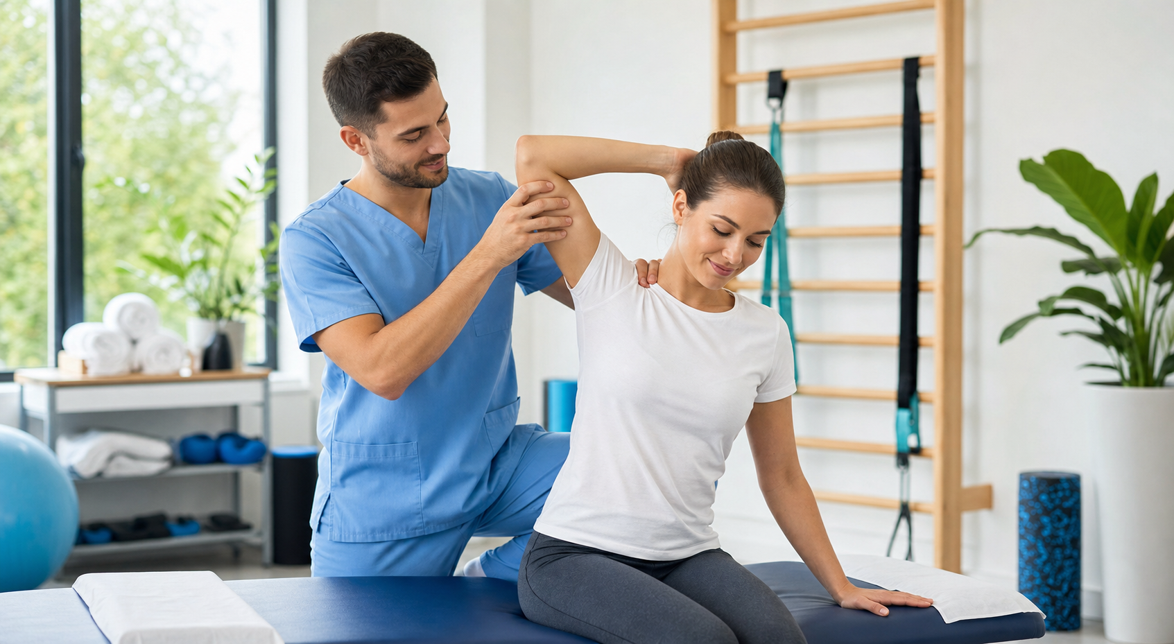 Sesión de fisioterapia guiada en sala luminosa
